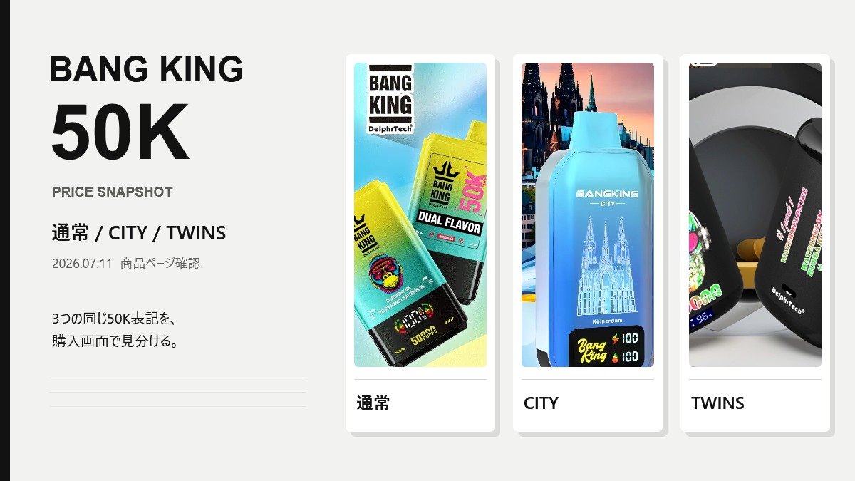 Bang King 50000通常版・City・Twinsの実物商品を並べた価格比較カバー